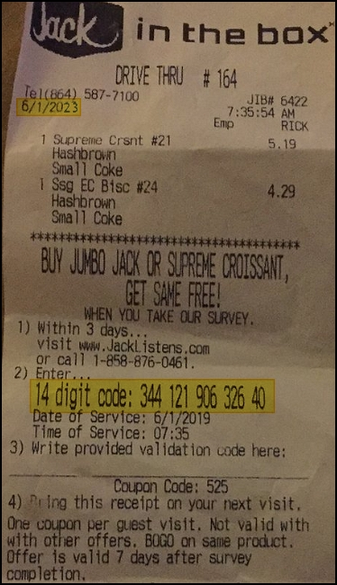 Jack in the box sample receipt